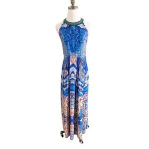 Ranna Gill Blue/Multicolor Printed Maxi Dress Sz 6 Rhinestone/Embroidered Detail